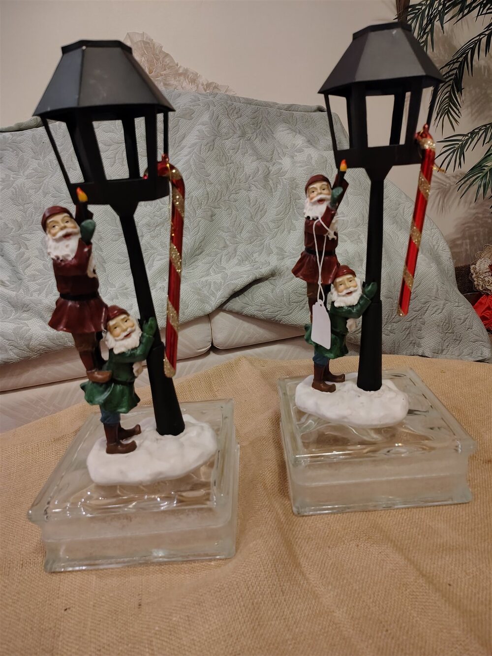 Santa and Elf Climbing Lamp Post Christmas Figurines Pair